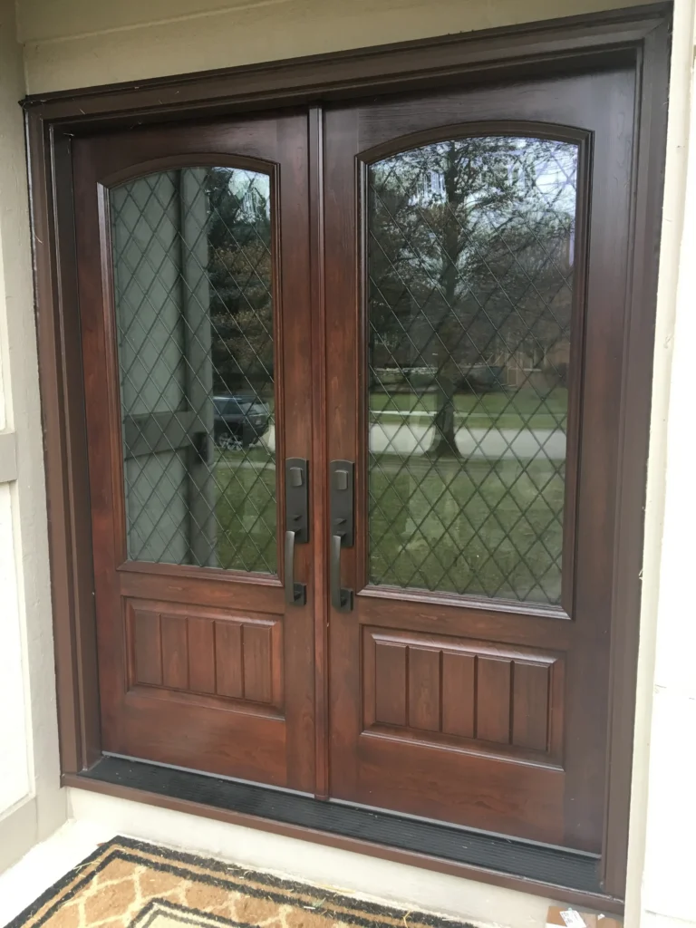 New wood entry door with decorative glass