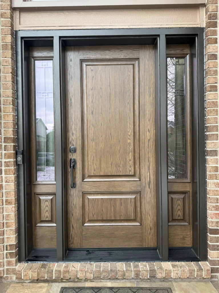 New wood entry door with decorative glass sidelights