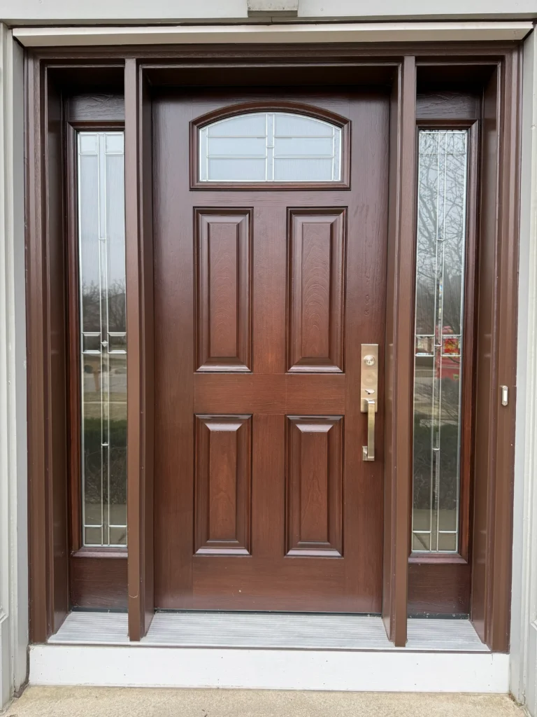 New wood entry door with decorative glass and sidelights