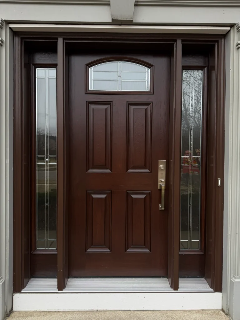 New wood entry door with decorative glass and sidelights
