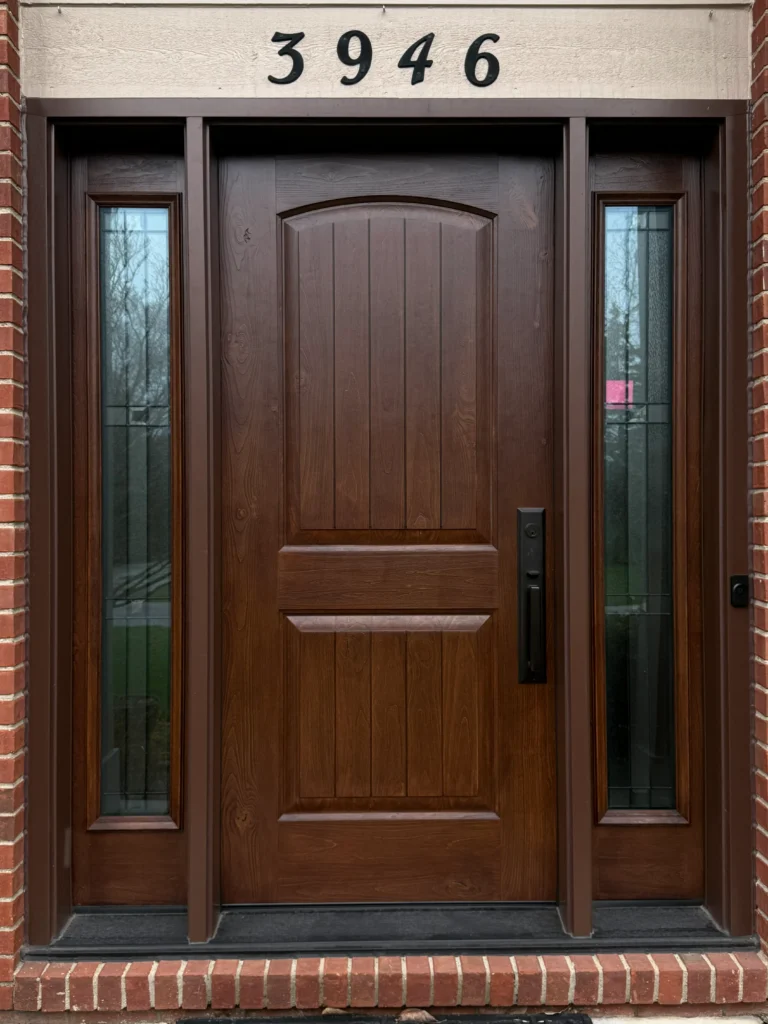 New wood entry door with decorative glass sidelights