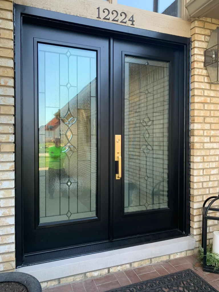 New black double entry door with decorative glass