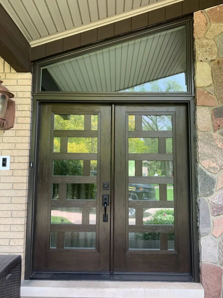 New entry door with decorative glass and window above