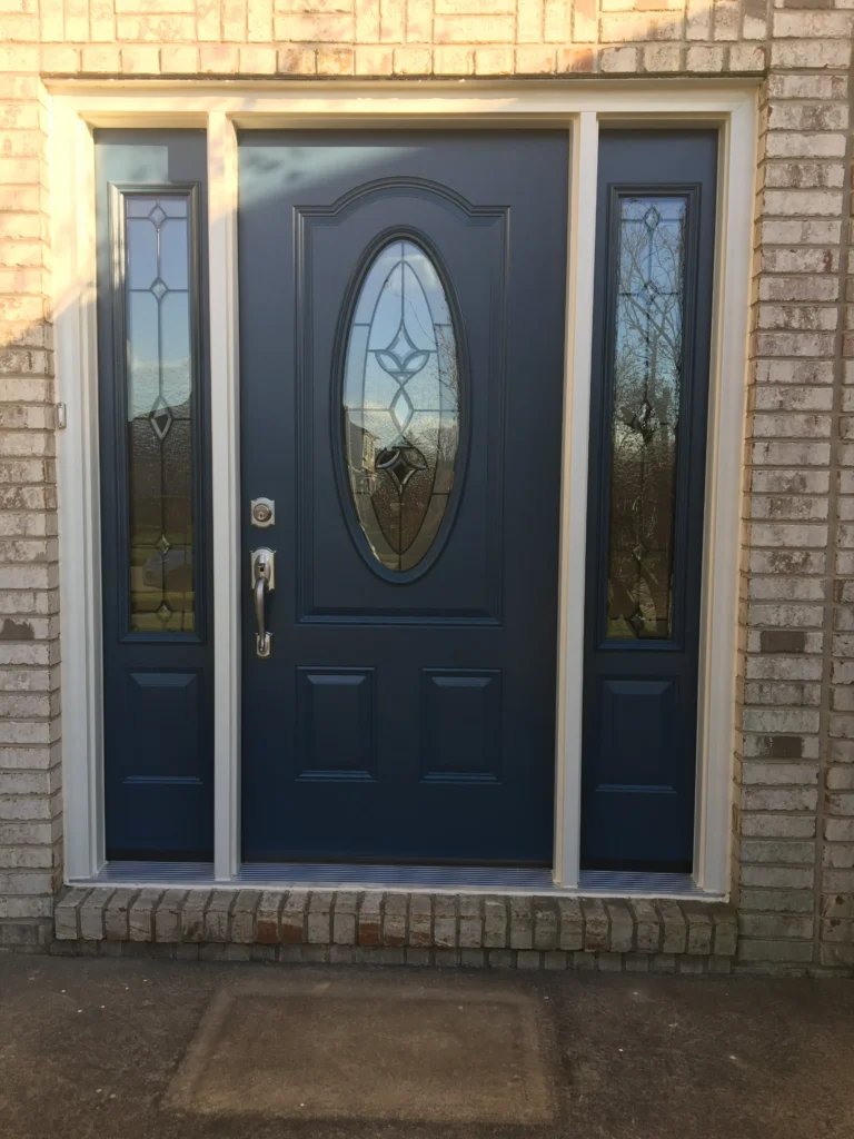 New wood entry door with decorative glass and sidelights